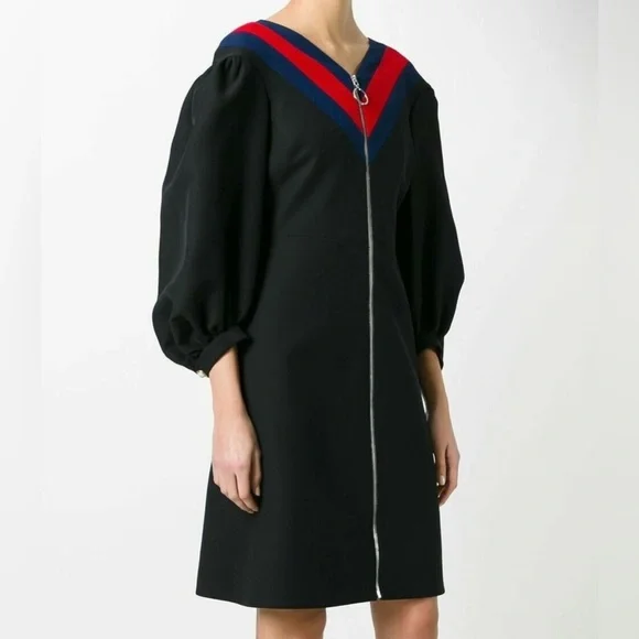 ✨ NWT GUCCI Black Silk Wool Zip Front Web Trim Sheath dress - Picture 3 of 9